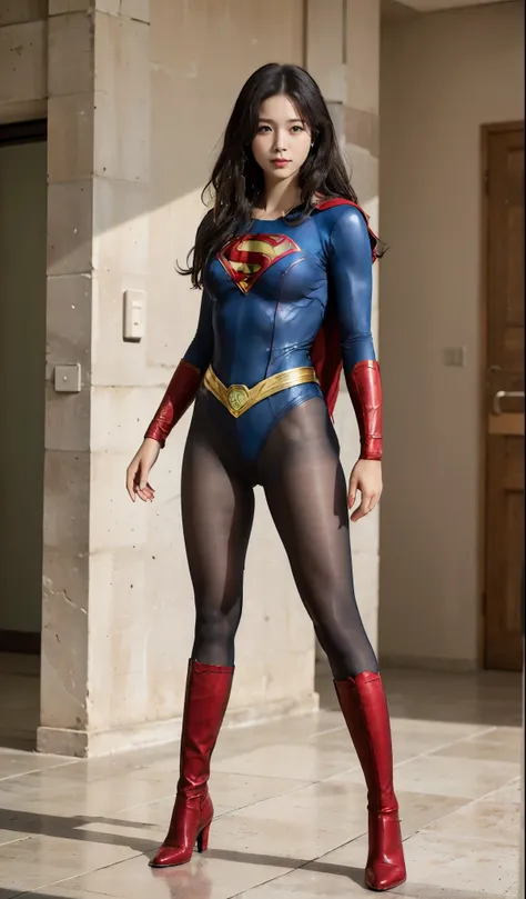 No background、(((Beautiful legs in black tights.)))、(((Legally express the beauty of your smile)))、((((Make the most of your original images)))、(((Supergirl Costume)))、(((Beautiful Hair)))、(((suffering)))、(((Please wear black tights....、Wear red boots)))、(...
