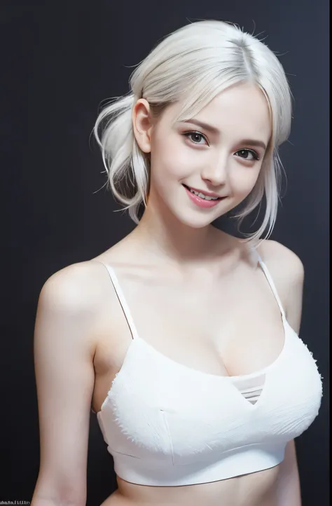 arafed woman in a white top and white mini skirt posing for a picture, photo of slim girl model, fantasy photoshoot, gorgeous young model, white hair, ((ombre)), ((smile)), huge breast, smile, Masterpiece, Best quality, 8k, 18 years old, Raw photo