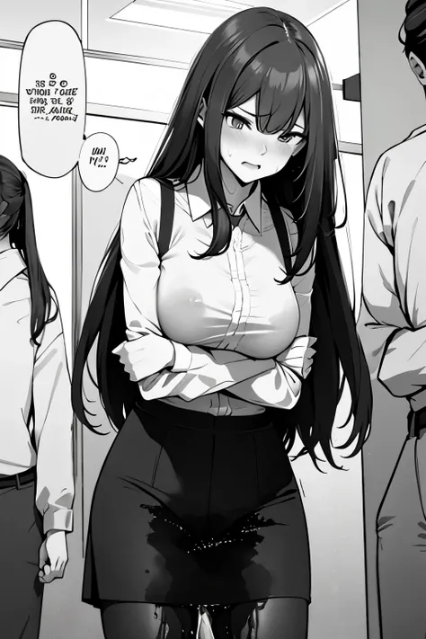 A woman with long black hair, wearing a business outfit consisting of a suit, pencil skirt, and pantyhose, stands in a monochrome setting. The artwork is inspired by manga and incorporates a doujin style. The woman appears to be (wetting herself:1.5), whic...