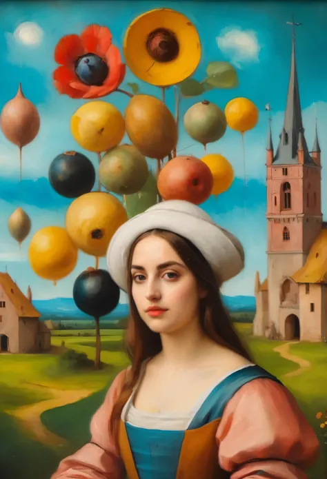 young Ana de Armas ((style Hieronymus Bosch)), ((Oil painting)), bright color, ((masterpiece)), impression, Highest detail, Perspective, 8k