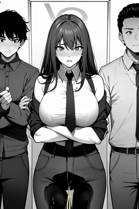 a woman with long black hair, wearing a business outfit consisting of a suit and tight pants, stands in a monochrome setting. th...