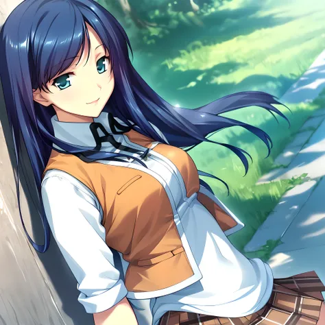 (masterpiece),(best quality),(ultra-detailed),(best illustration),(best shadow),(absurdres),(detailed background),(very aesthetic), Natsuki Kuga, standardoutfit, 1girl, lm blue eyes, long hair, blue hair, skirt, vest, portrait, looking at viewer, seductive...