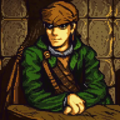 a pirate sitting in a tavern wearing an eye patch