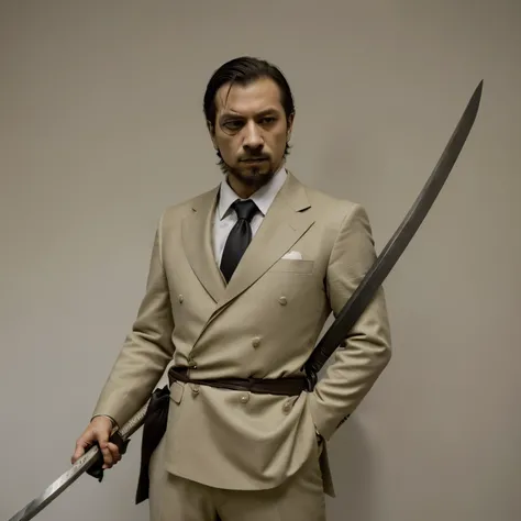 obra de arte, melhor qualidade um homem de terno  fumando charuto, with a katana in hand, several men in suits with katana behind him