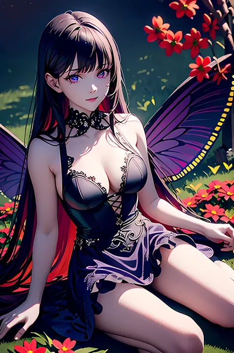 high details, best quality, 16k, RAW, [best detailed], masterpiece, best quality, (extremely detailed), full body, ultra wide shot, photorealistic, dark fantasy art, goth art, RPG art, D&D art, a picture of a dark female fairy resting in a flower meadow, e...