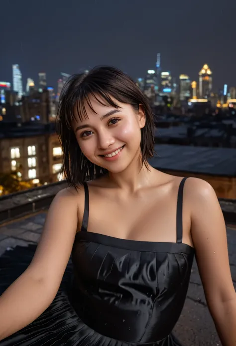 (RAW photos, best quality), (realistic, photorealistic: 1.2), (round face: 1), 1 girl, selfie outdoor, (high detail skin: 1.2), (puffy eyes), (lying silkworm), smile, collarbone, air bang, straight brown black hair, pure black pleated skirt, soft lighting,...