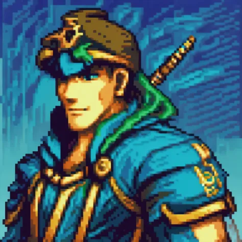 a male pirate wearing a cyan jacket, full body pixel art