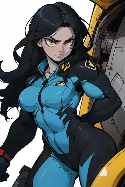 1 girl, black hair, yellow eyes, very long hair, pale skin, ((((extremely muscular)))), large breasts, (confident expression), pilot suit, close up girl