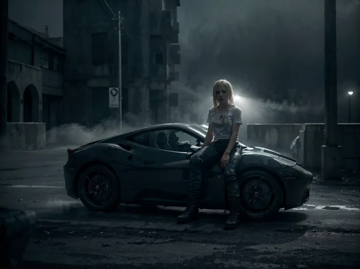 blonde zombie girl, wearing a white T-shirt and black military boots, sitting on the hood of a Ferrari 458 italia, (Cool shade, cold tone: 1.2), gloomy atmosphere, Zombie Apocalypse, ultra high resolution, cinematic light, side light, fill light, painting ...