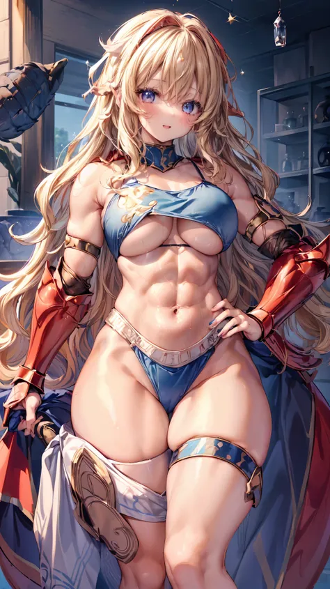 Very detailed、highest quality、Best image quality、masterpiece、8k、Anime Face、A kind smile、Open your mouth、Sparkling blue eyes、(Blonde wavy hair:1.5)、、Muscles of the whole body、camisole、Thigh belt、mini skirt、(Wearing red bikini armor:1.5)、(Cowboy Shot:1.5)、(L...