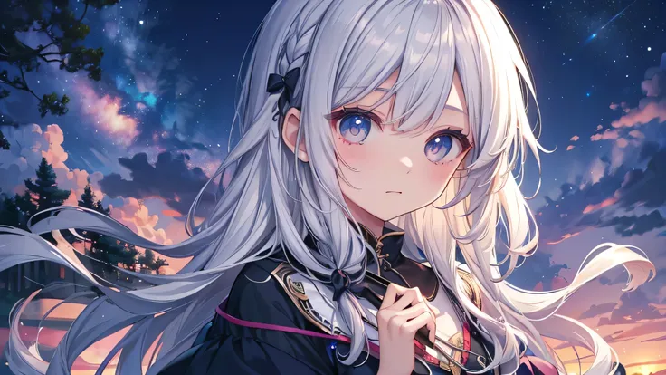 (mastepiece:1.2、high quality)mysterious、a magical night、natural scenery、silver hair、young、cute、