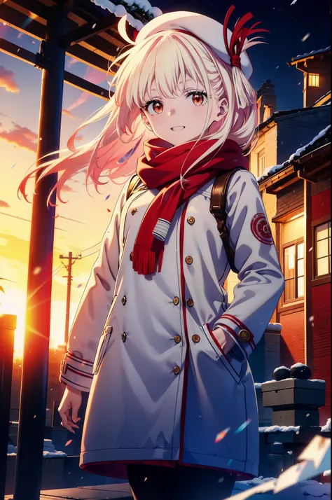 chisatonishikigi, nishikigi chisato,Long Hair , bangs, blonde, (Red eyes:1.5),happy smile, smile, Open your mouth,White knit hat,White Coat,Red Scarf,White Sweater,Hands in coat pockets,Long skirt,Black pantyhose,short boots,Shirogane World,Snow is piling ...