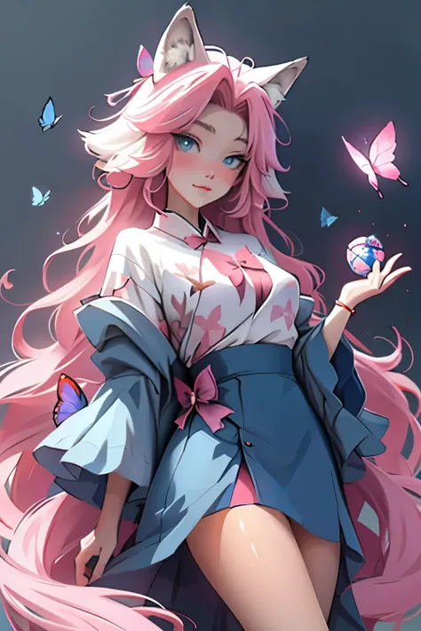 wolf girl,anime style, cute, pink long hair, blue eyes, spirit blossom, with butterfly wings, butterfly themed shirt, sassy