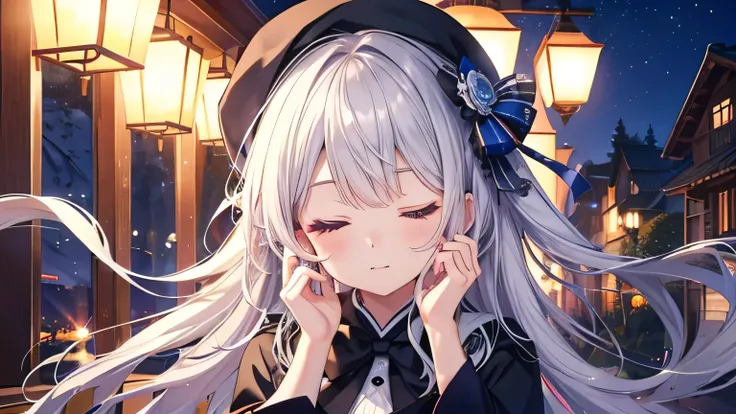 eyes closed(mastepiece:1.2、high quality)mysterious、a magical night、natural scenery、silver hair、cute、