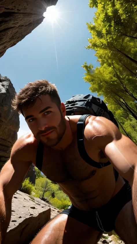 masterpiece, best quality, high resolution, closeup portrait, male focus, solo focus, a man, pretty shirtless  sweaty hairy guy hiking, bending over camera perspective, hiking and climbing, view from below, scruffy, closeup, interesting perspective, erotic...