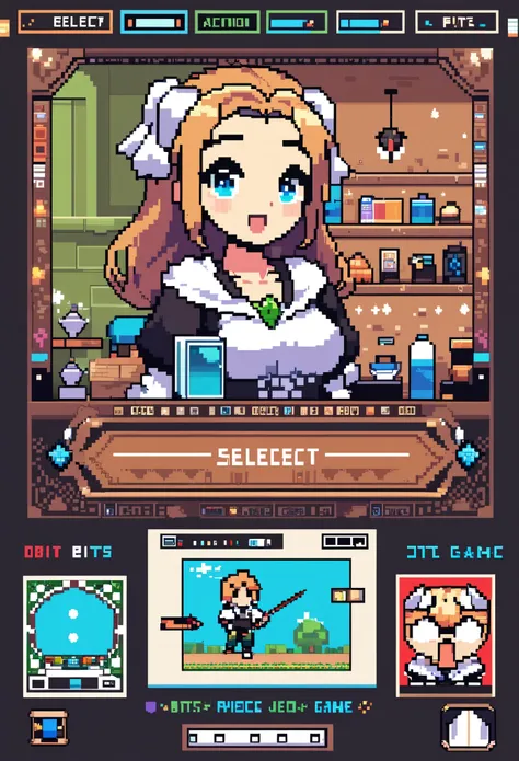 highres, absurdres, User Interface of Action game, dots game, pixel art, 8 bits pixel art, player select page, 1girl, 1boy,