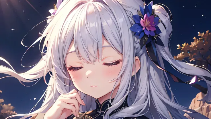 Eyes closed(Mastepiece:1.2、high quality)mysterious、A magical night、Natural scenery、Silver Hair、cute、