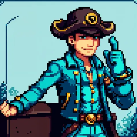 a male pirate, male pirate wearing a jacket, jacket colour is cyan, he is giving a thumbs up