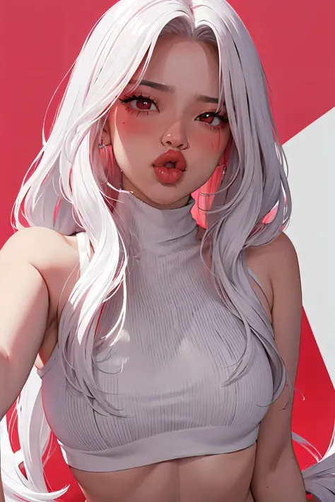 realisticlying、one girl, crop top,，Face enhancement，long hair, Blushing，pink crop top, Red lips,，Open your mouth wide、 white hair, lipgloss, lip focus,