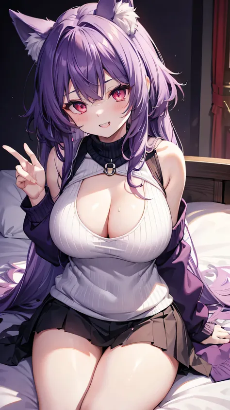 Wolf Girl, Large Breasts, Voluminous, messy purple hair, masterpiece , Red eyes, hd, Head to Chest, Put in your chest、 tooth、Double teeth,, On the bed、Thick thighs、Grinning、Sleeveless sweater、Earpick