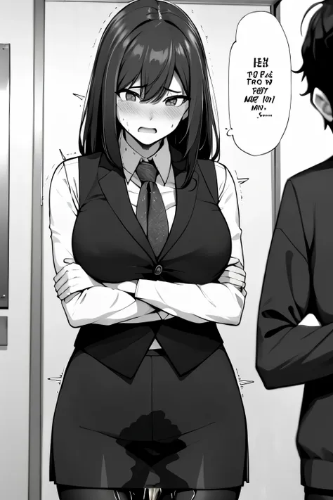 A woman with long black hair, wearing a business outfit consisting of a suit, pencil skirt, and pantyhose, stands in a monochrome setting. The artwork is inspired by manga and incorporates a doujin style. The woman appears to be (wetting herself:1.5), whic...