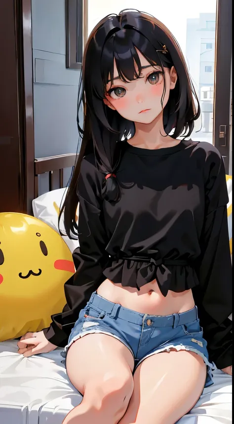 Overlooking，highest quality，Beautiful face in every detail，cute，Dark brown eyes，(背の低いcute女の子，Small young student，Young delicate girl）,（masterpiece，Top quality)，Black Hair，Sleepy expression，Crop Top Look，Black Shirt，Shorts