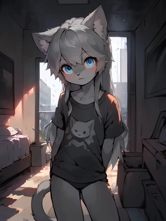 anthro boy cat, long hair, cat tail, solo, furry, furry boy, (girly, young, gray fur, gray body, blue eyes, gray hair:1.2), (panties, t-short, black clothes), (detailed background, window, room, day, summer, storm, street, rain, gray background), pose