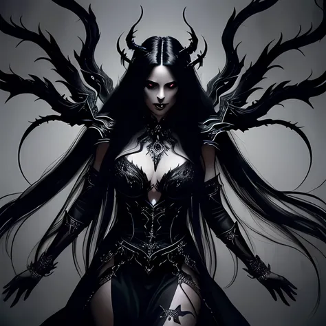 a close up of a person with long hair and a dress, woman made of black flames, dark goddess with six arms, an ominous fantasy illustration, dark illustration, dark witch character, dark demonic dancer, in style of dark fantasy art, demon soul concept art, ...