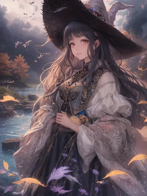 ((highest quality)),(Ultra-high resolution),(Very detailed),(Detailed Description),((The best CG)),(A masterpiece),Ultra-precise art,Amazing drawing art,(Fantasy art with intricate detail:1.5), (witch:1.6), Flowing River