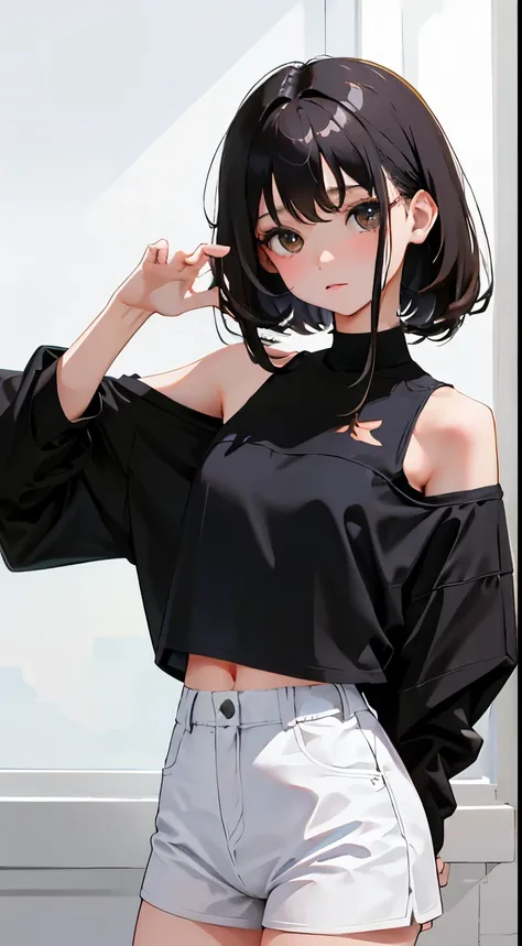 Overlooking，highest quality，Beautiful face in every detail，cute，Dark brown eyes，(背の低いcute女の子，Small young student，Young delicate girl）,（masterpiece，Top quality)，Black Hair，Sleepy expression，Crop Top Look，Black Shirt，White shorts