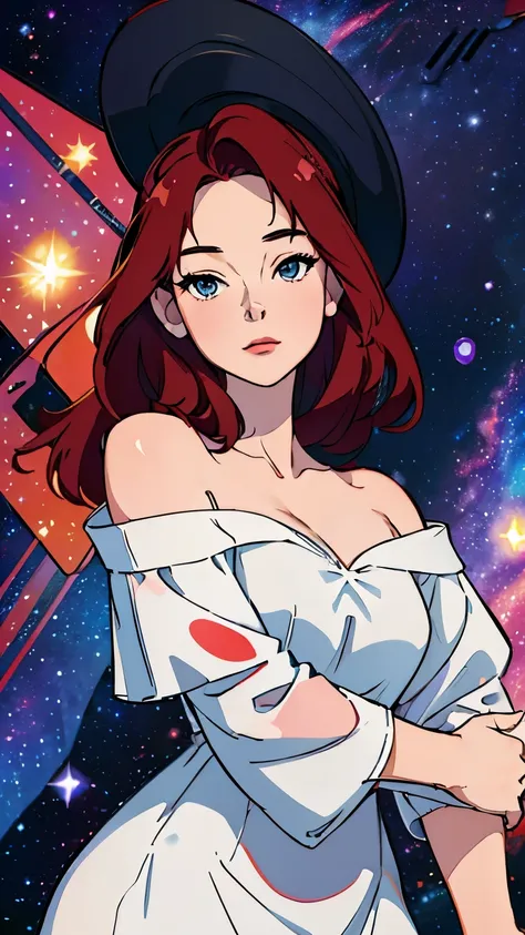 Korean woman age 28, ((galaxy body)), constellations in the galaxy, Galaxy theme, cherry tree, ((Galaxy off shoulder dress)), Gestures have mysterious powers., Surreal, Be one with the galaxy, star frame, ((Galaxy Background))