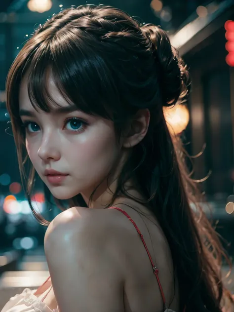 an anime girl posing for photos on a blurred dark background f1.2. masterpiece, ultra hd, 8k, photography style, sexy, 100% real...