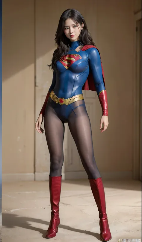 No background、(((Beautiful legs in black tights.)))、(((Legally express the beauty of your smile)))、((((Make the most of your original images)))、(((Supergirl Costume)))、(((Beautiful Hair)))、(((suffering)))、(((Please wear black tights....、Wear red boots)))、(...