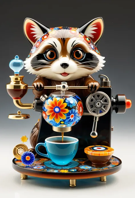 Millefiori glass style，Japanese vintage miniature toys desktop, Steampunk style raccoon cat, Japanese waka, Micro coffee machine, Flowing liquid, smokes, Little Ghost, Awards, best quality, Movie Lighting, Awards, best quality, Ultra HD, Ultra HD, Multiple...