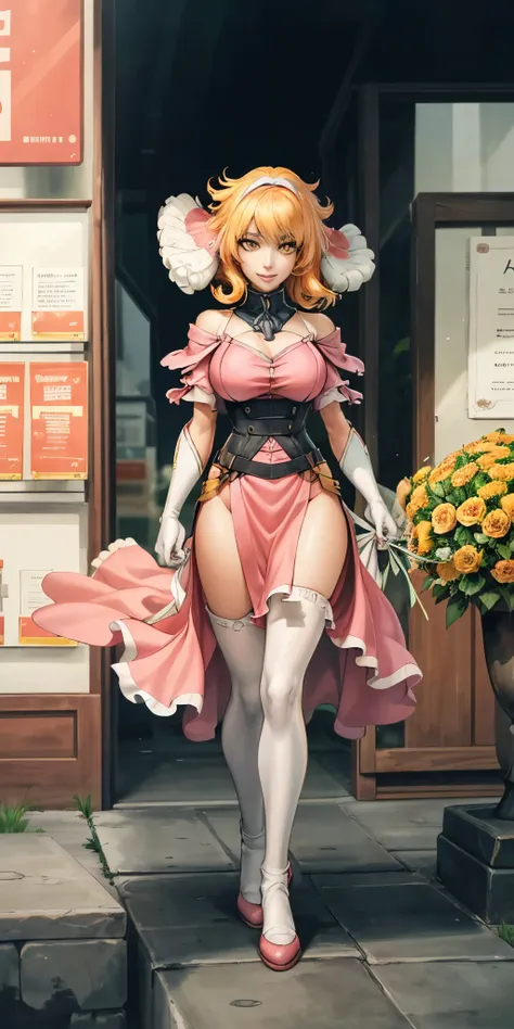 ((Roxanne)) ((woman dressed holding flowers and flowers near a store window)) 1girl, flower, solo (dog fluffy ears) [[orange hair]] pantyhose, bouquet, looking at viewer, black hairband, yellow eyes, dress, hair flower, holding a bouquet, standing, short s...