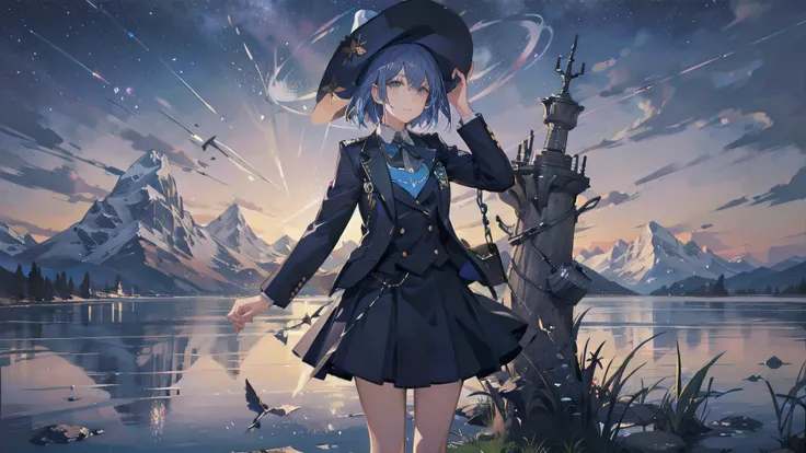 A high school girl wearing a blazer uniform is thrown into space、She has a short bob with a white lob of hair and wears a large black witch hat with sapphire jewelry.、Landing on a pale blue planet、Fantastic World、There are mountains and lakes, but they all...