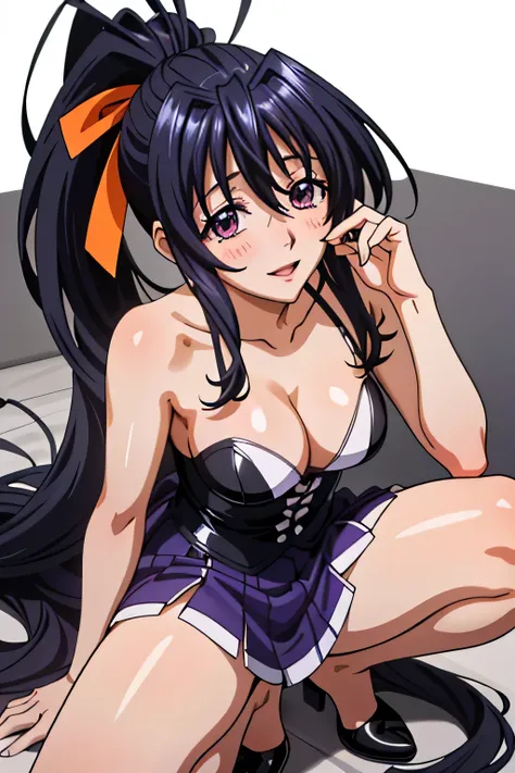 Himejima Akeno、Long Hair、(draw the eyes:1.2)、one person 、smile 、blush 
、Leaning forward 、Looking up 
、Open your mouth 
、Black tight skirt 、Squat with your legs apart 
、Make a ring with your fingers in front of your mouth 
、(highest quality) 、(Fine skin:1.3...