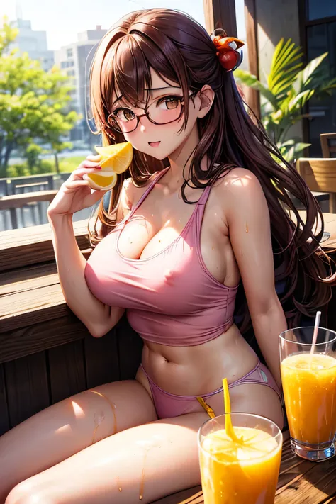 High resolution, high quality, One girl, Anime Girls,Brown long hair, Brown eyes, Pink Glasses,heart shaped pupils,Sunburned skin, Large Breasts,beautiful breasts,pointy breasts,long nipples,(Big Ass),beautiful ass,Embarrassed,Tank Top,lower body,sweat,wet...