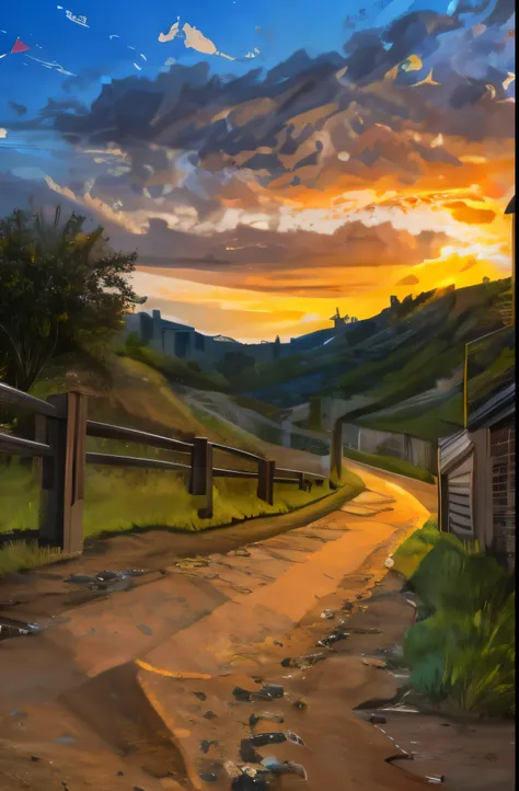 I want an oil paint type image of a landscape with a brick building in the foreground, a dirt path with a lawn on the side and hills at the end of the road
