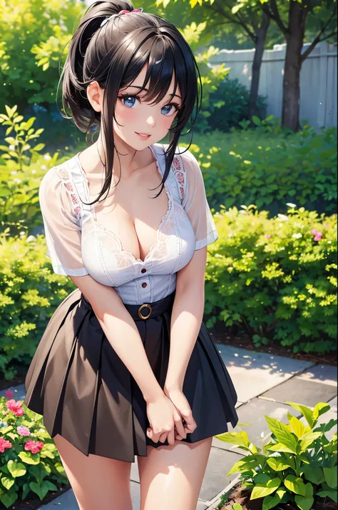 A girl in a garden,feeling the summer sunshine,with black hair,ponytail and wearing a miniskirt,standing with her legs apart,leaning forward,placing both hands on a hydrant. (best quality,4k,8k,highres,masterpiece:1.2),ultra-detailed,(realistic,photorealis...