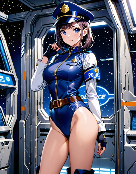 (masterpiece), (best quality), (high res),1girl, tall body, beautiful detailed eyes, beautiful detailed face, cute face, perfect hands, complete fingers, perfect anatomy, perfect proportions, ((hat, dark blue police hat)), ((leotard, matching leotard, bare...