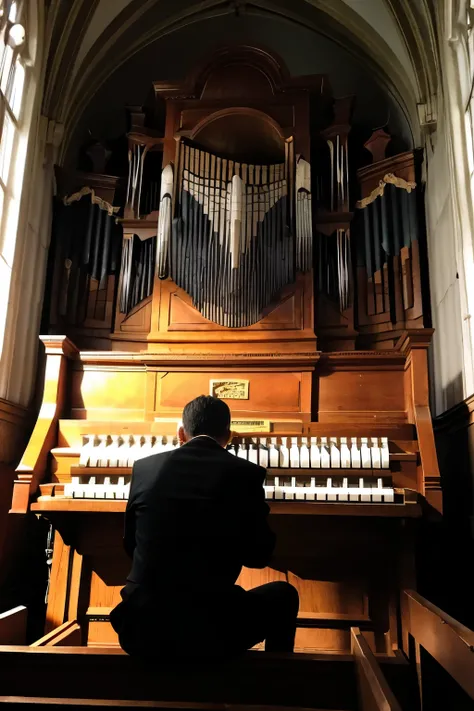 a man playing the organ in a dead church
