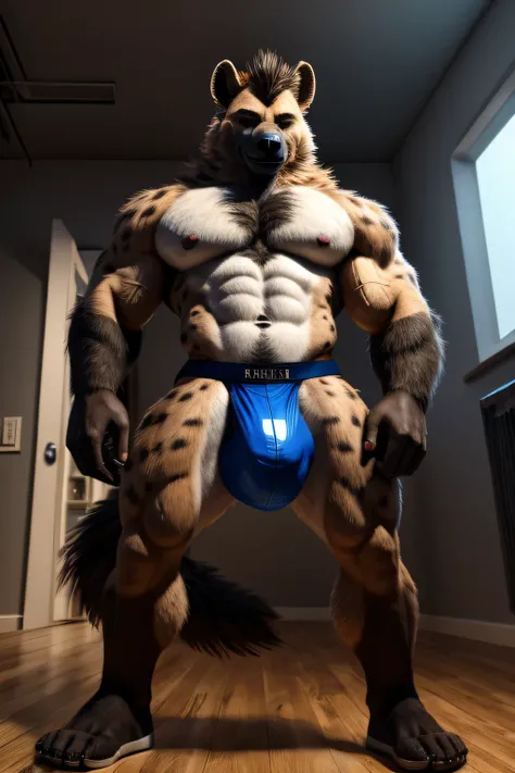 A Tall, Muscle, sexy, Anthropomothic Male Furry Hyena, Wearing A Latex Jockstrap, Colored Black And A White Stripe Going Vertically Down Right In The Center Of The Jockstrap, The Jockstrap Having A Exstremly Big Bulge Wear The Testicles Are, A Big Bushy Ta...