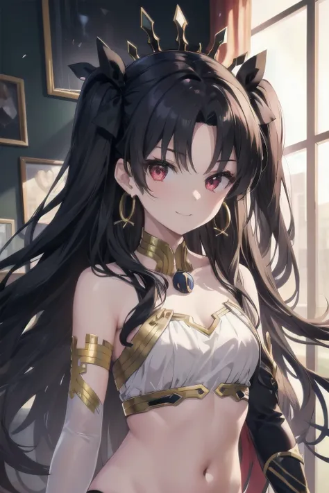 aaishtar, long hair, two side up, hair ribbon, tiara, parted bangs, hoop earrings, jewelry, bare shoulders, neck ring, bikini, s...