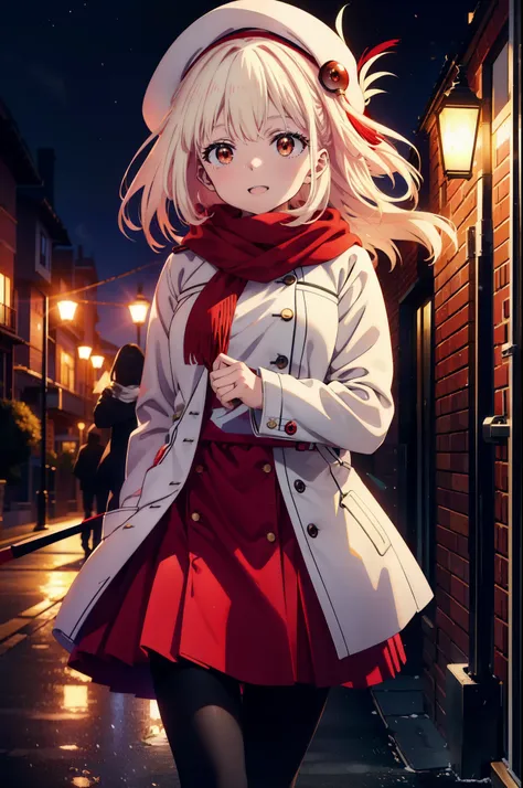 chisatonishikigi, nishikigi chisato,Long Hair , bangs, blonde, (Red eyes:1.5),happy smile, smile, Open your mouth,White knit hat,White Coat,Red Scarf,White Sweater,Hands in coat pockets,Long skirt,Black pantyhose,short boots,Shirogane World,Snow is piling ...