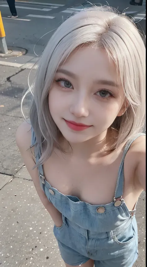 Best image quality、RAW Photos、超A high resolution、21 years old Korean、Small breasts、Dynamic Angle、Cowboy Shot、Chaos in its most beautiful form、elegant、brutalism design、Vibrant colors、Beautiful white hair、Short Bob、smile、fun、smile、Glowing White Skin、Beautifu...