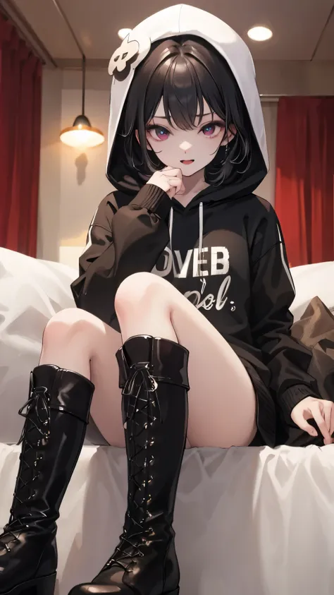 (((lovehotel)))、Hotel、8k,Super Detailed Game CG, (High resolution:1.1),(Absurd:1.1), highest quality,  Highest resolution, Very detailed, One girl,cute、contemptuous 、disdain、Sitting、
black and White hoodie、Red and black hoodie、White hoodie、Crossing your le...