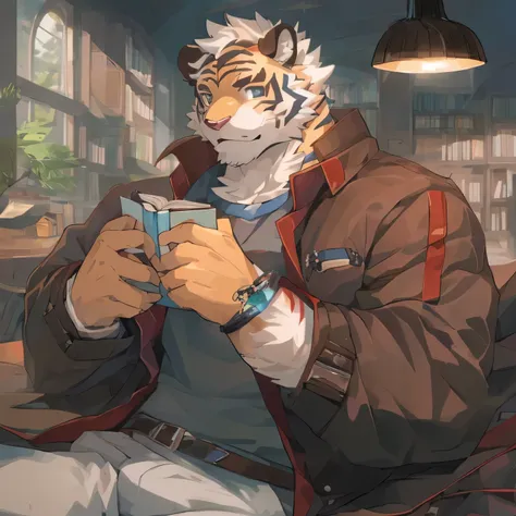 Anime style illustration of a tiger reading a book, Cozy library background, Full body commission, pov furry art,  Humanities and Arts, professional furry, beast in fashionable clothes, High Resolution Committee, In the library, (SFW) Work, Wallpaper HD si...