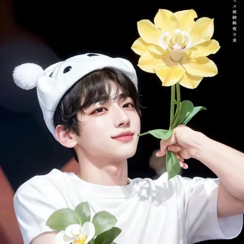 araffe boy in a white shirt holding a flower with a stuffed animal, Jungkook, ele parece um servo humano, adorable and pale korean face, cai xukun, inspirado em Bian Shoumin, her face looks like an orchid, accurate Jimin face, park Jimin, Tae June Kim, iro...