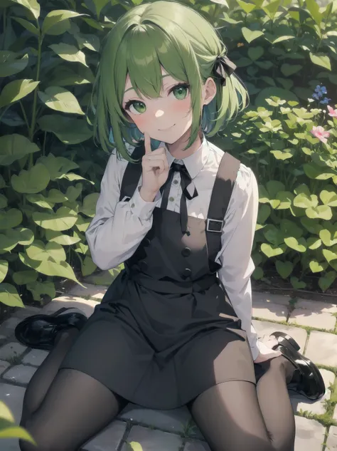 (Illustration: 1.0), Masterpiece, Top Quality,
1 girl, green hair, green eyes, short hair, bangs, 
dress, black shoes, long sleeves, shirt, white shirt, pinafore dress, ribbon, black ribbon, black dress, pantyhose, neck ribbon, shoes,
Countryside, Garden, ...